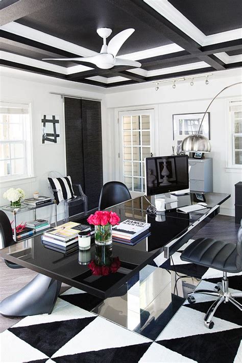 The neutral palette keeps the design clean where. Get the look: Hollywood Glam black and white office space ...