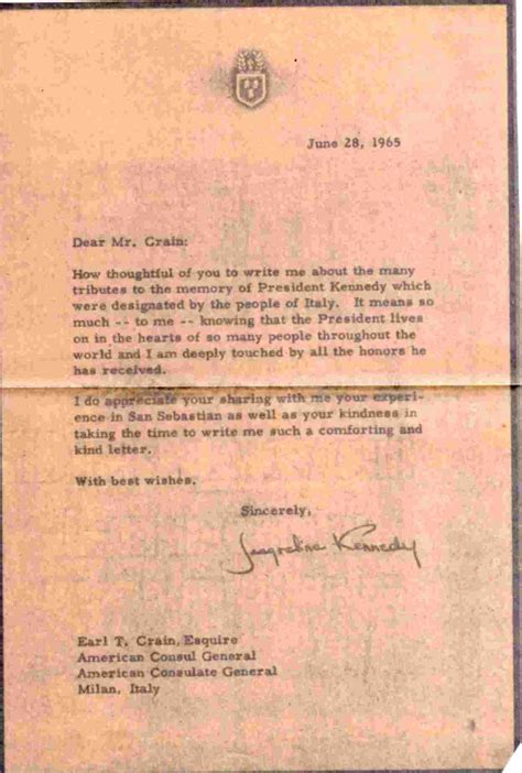 Letter From Jacky Kennedy To Earl T Crain 6 28 65 Very Good No