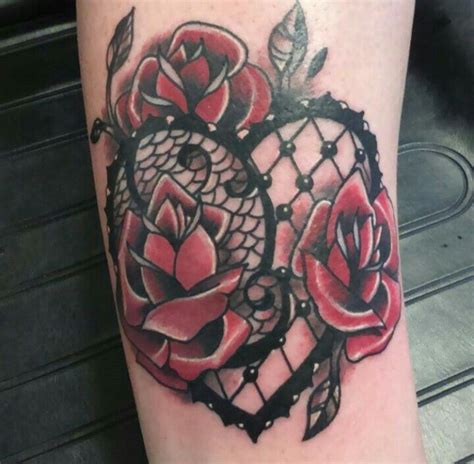 Beautiful Lace Heart And Roses Tattoo On My Right Lower