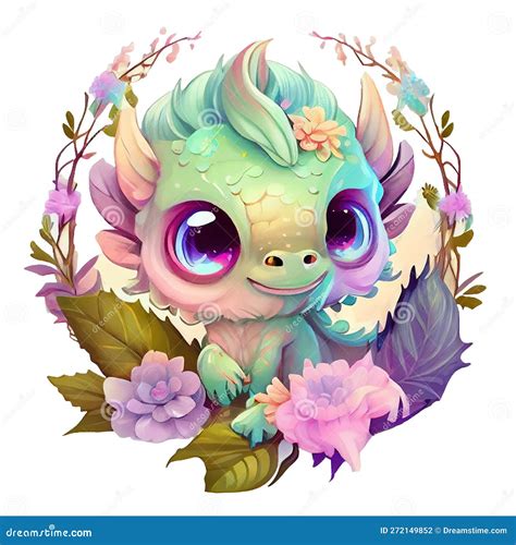 Fantasy Cute Baby Pastel Dragon With Flower Stock Photo Image Of