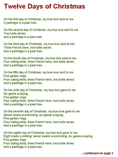 Lyrics To Days Of Christmas Printable
