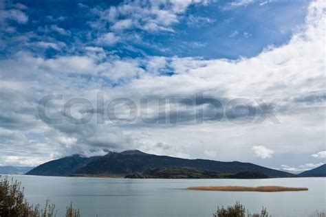 Lake Landscape With Deep Blue Sky And White Cloudes Stock Image