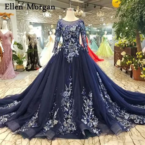 Navy Blue Long Sleeves Lace Ball Gowns Wedding Dresses For Women Crystal Corset Good Quality