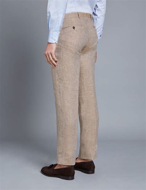 Mens Beige Herringbone Tailored Fit Linen Italian Suit Trousers 1913