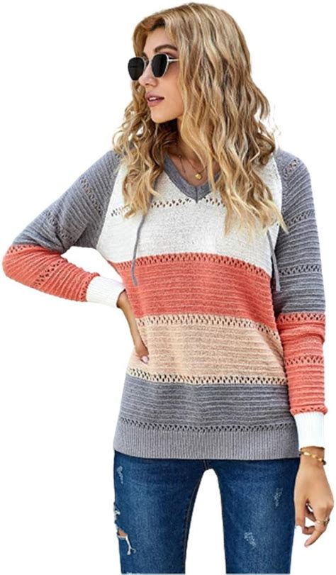Womens Knitted Hoodies Sweaters Striped Color Block Hooded Long Sleeve