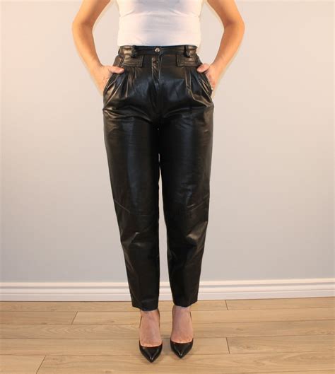 vintage black leather pants high waisted with front pleating etsy