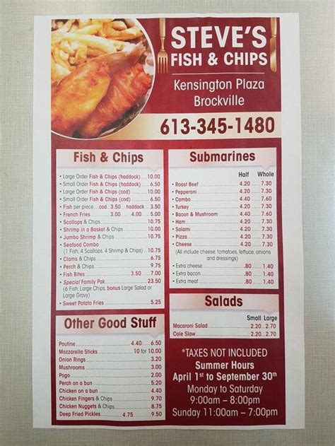 Menu At Steves Fish And Chips Restaurant Brockville Kensington Pkwy