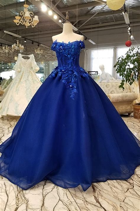 ball gown off the shoulder corset beaded flowers lace royal blue wedding dress