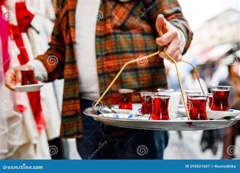Turkish Tea In Traditional Glass Mugs On A Metal Tray Street Vendor