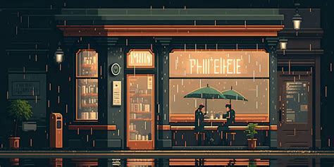 Pixel Art Outside Of A Coffeeshop On A Rainy Day By Nirmit0007 On