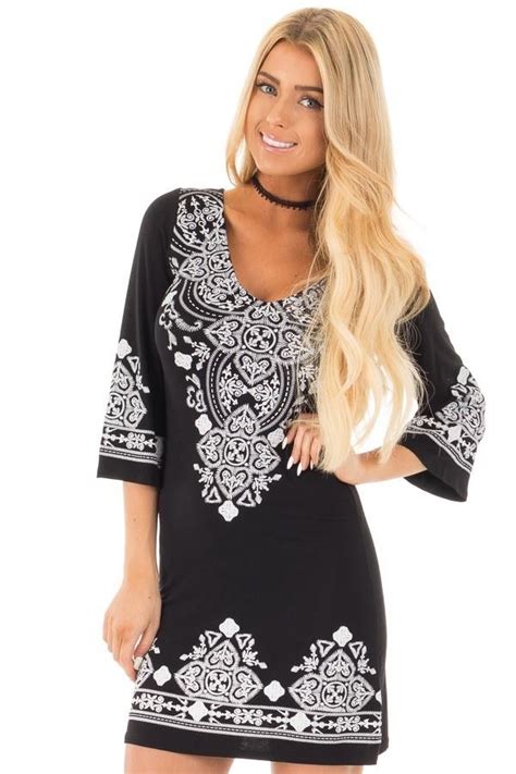 Lime Lush Boutique Black 34 Sleeve Dress With White Embroidered