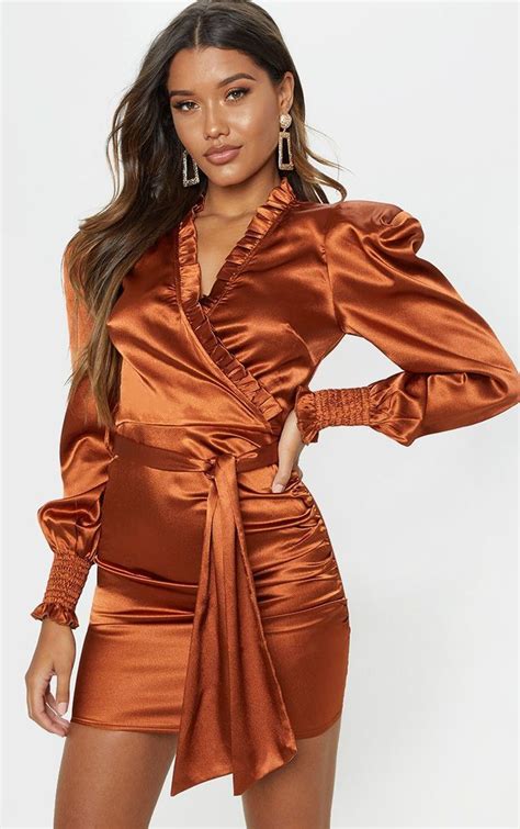 Copper Satin Frill Detail Ruched Bodycon Dress Ruched Bodycon Dress Bodycon Dress Silk