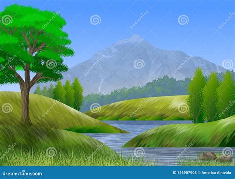 Nature Landscape With Mountain Trees Hills And A River Stock