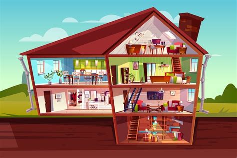 House Cross Section Illustration Of Home Interior And Furniture Free