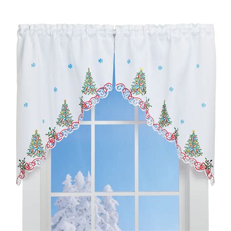 Embroidered Christmas Trees Lace Edge Window Curtains