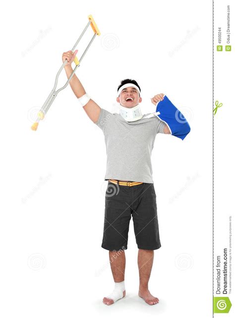 Injured Young Man Hold Up His Crutch Stock Photo Image Of Blue