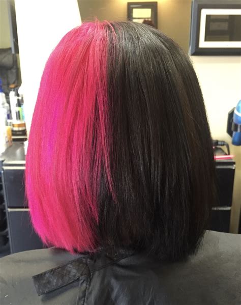 Two Tone Half And Half Black And Pink Hair Half Colored