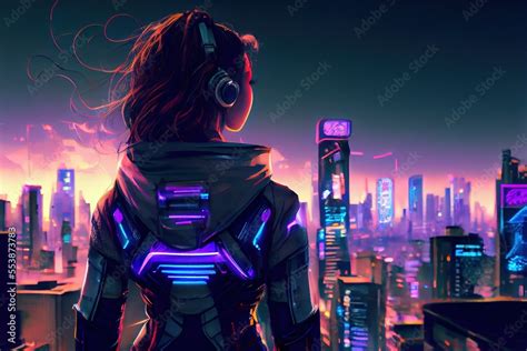Anime Girl With Headset Vibe To Music Cyberpunk Steampunk Sci Fi