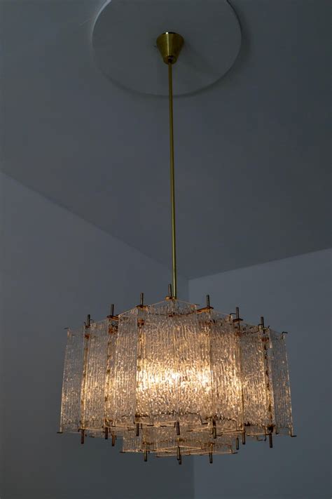 Large Midcentury Chandelier In Structured Glass And Brass From Europe