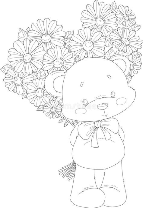 Cute Cartoon Teddy Bear With Flower Bouquet Sketch Template Stock