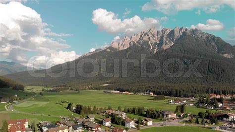 Beautiful Panoramic Aerial View Of Dobbiaco Toblach From The Sky