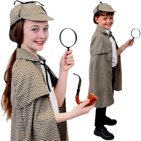 Child Sherlock Holmes Costume Cape Cloak Hat Boy Girl Kids Detective