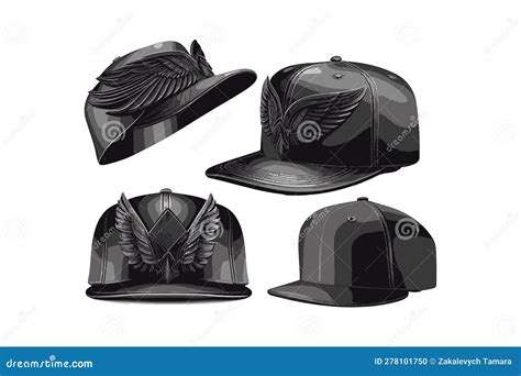 Realistic Black Rap Cap With Straight Visor Set Vector Illustration