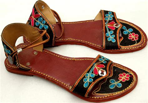 Flat Chappals With Floral Thread Embroidery Exotic India Art