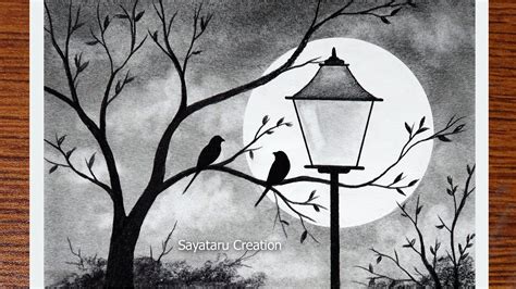 How To Draw Scenery Of Moonlight Night By Pencil Sketch Love Birds