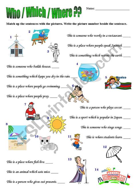 Relative Pronouns Who Which And Where Esl Worksheet By Rennayf