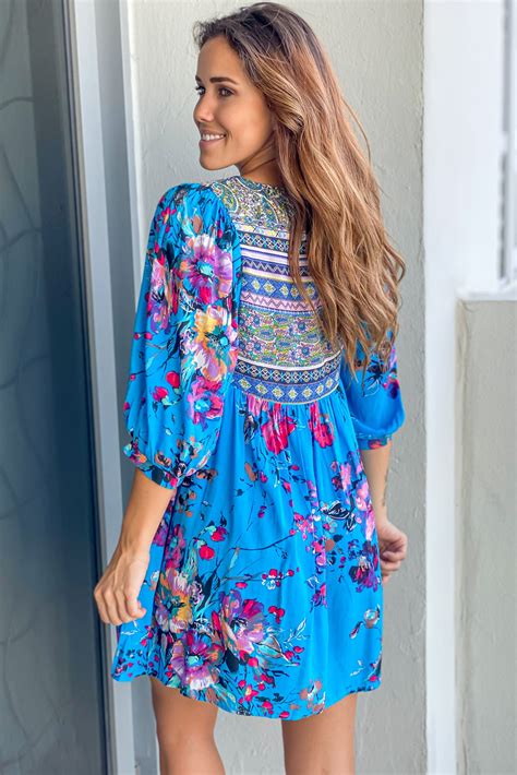 Blue Boho Floral Printed Short Dress | Short Dresses - Saved by the Dress
