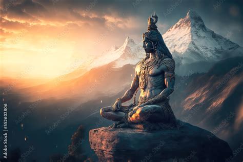 Stockillustratie Generative Ai Hindu God Shiva Meditating On Mount