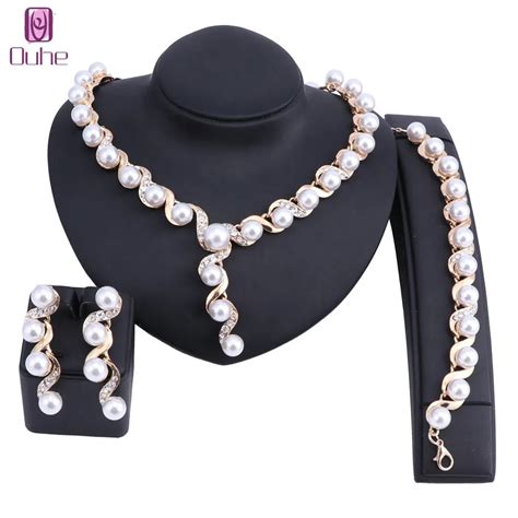 fashion simulated pearl jewelry sets women wedding bridal crystal jewelry set necklace earrings