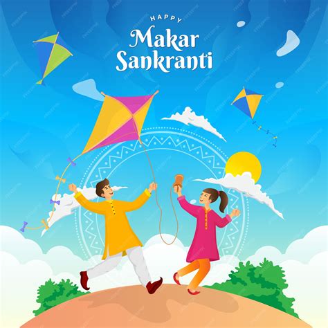 Premium Vector Happy Makar Sankranti Greeting Card Indian Boy And