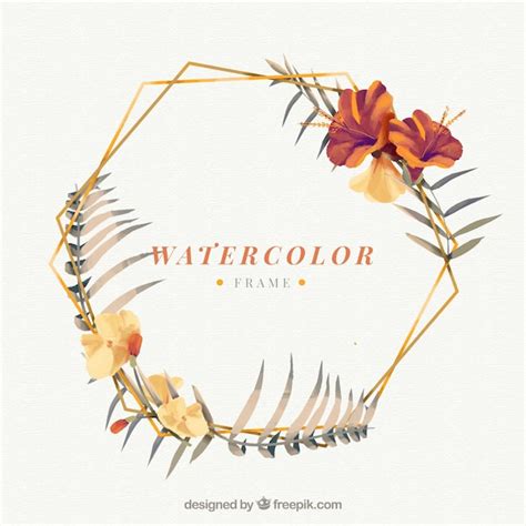Free Vector Watercolor Floral Frame With Golden Geometry