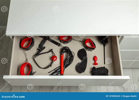 Set Of Erotic Toys For Bdsm The Game Of Sexual Slavery With Handcuffs Whip Gag And Leather