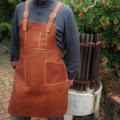 Leather Work Apron With Chest Pocket Hip Pockets Brass Etsy