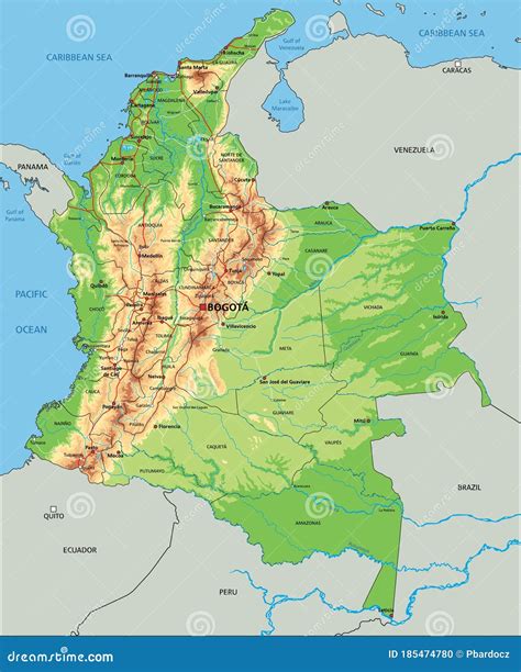 Grande Carte Physique Détaillée De La Colombie Et Létiquetage