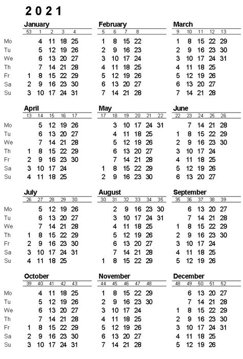 2021 Calendar With Week Number Printable Free 2021 Printable Yearly