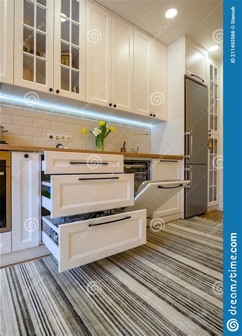 Cozy Modern Kitchen Interior Some Drawers Pulled Out Stock Photo