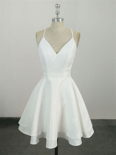 White V Neck Satin Lace Short Prom Dress White Homecoming Dress