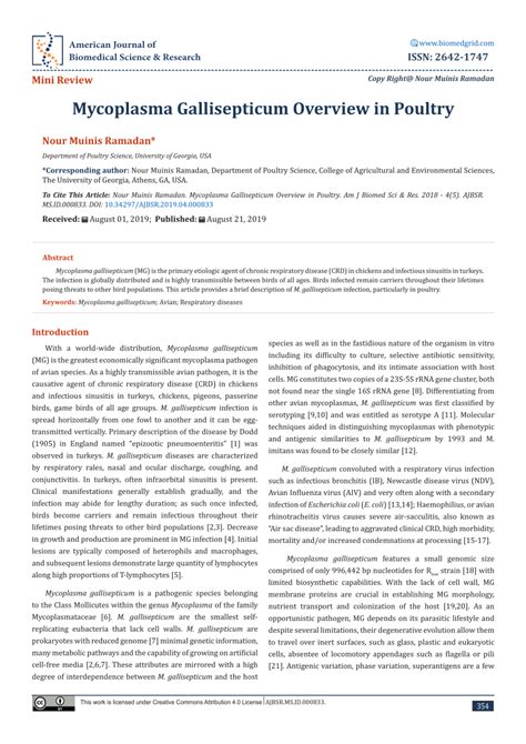 Pdf Mycoplasma Gallisepticum Overview In Poultry