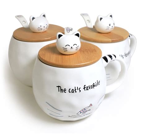 Cute Cat Mug Ceramic Mug With Spoon And Wood Lid Cute Design Etsy
