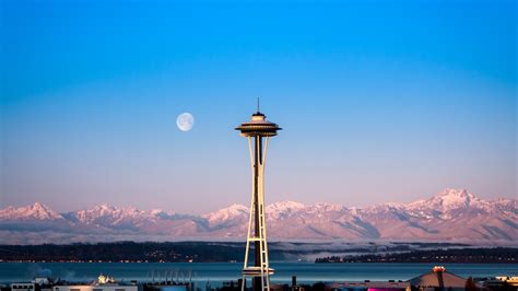 Wallpaper Seattle Tower Sunrise Sea Ocean Water Morning Moon
