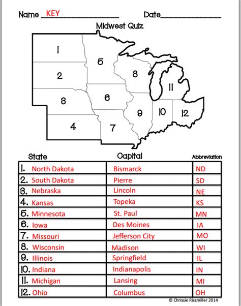 Midwest States And Capitals Quiz Printable