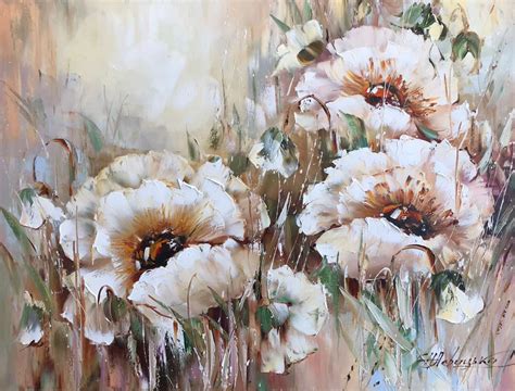 White Poppies Oil Painting Wildflowers Nature Canvas Wall Art Poppy