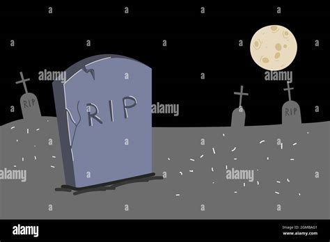 Drawing Gravestone In Moonlight Cemetery Night Graveyard Illustration