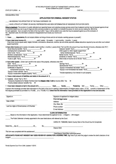 Fillable Form 3984 Application For Criminal Indigent Status Form
