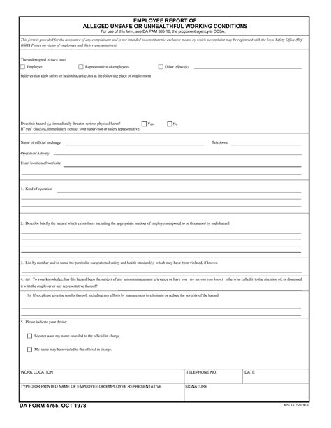 Da Form 4755 Employee Report Of Alleged Unsafe Or Unhealthful Working