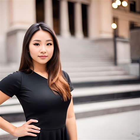 Premium Ai Image A Woman In A Black Dress Stands In Front Of A Building With Stairs In The